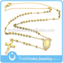 3MM Gold Stainless Steel Beads Rosary Necklace Crystal Sideways Medal And Blanking Cross Pendant Jewelry Necklace